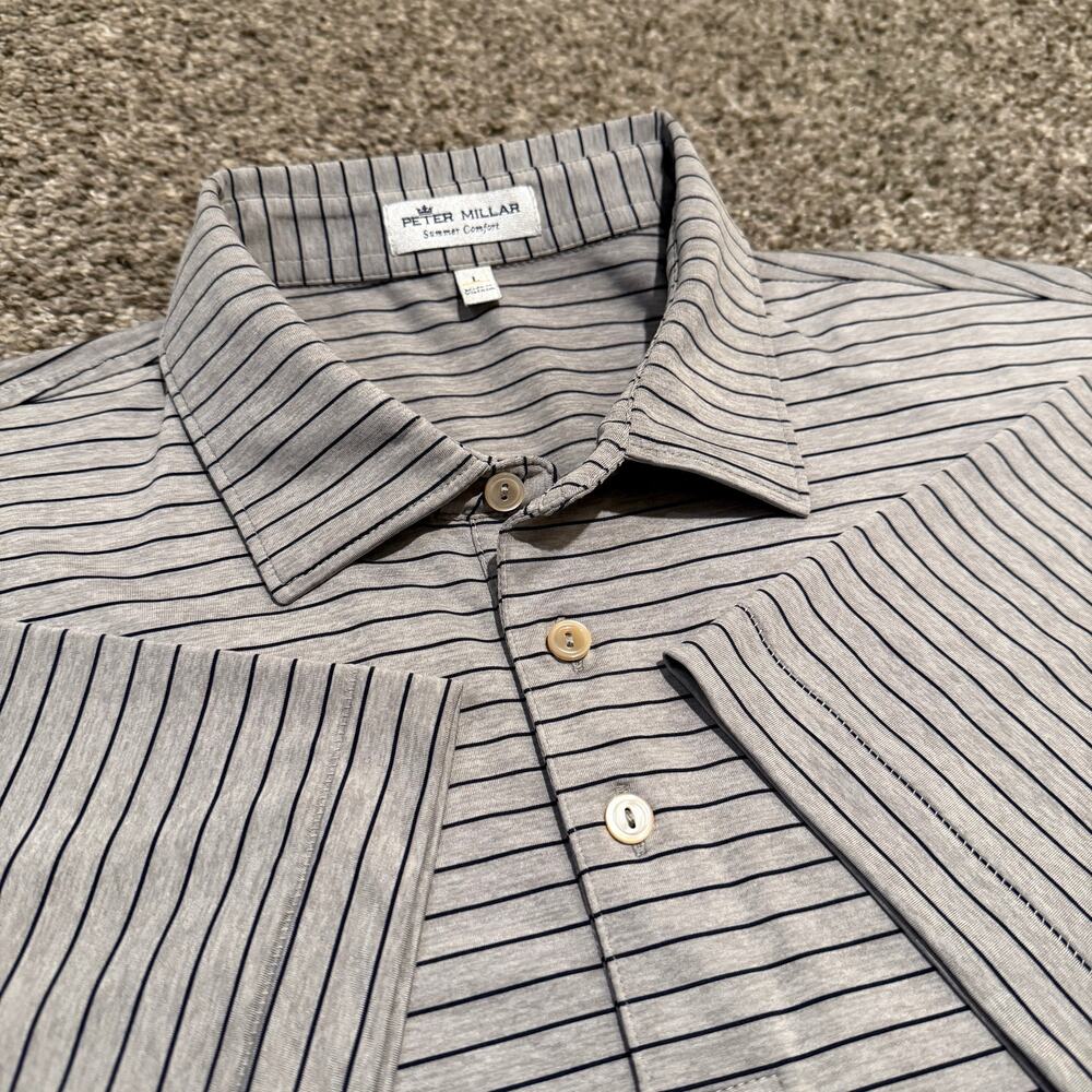 Peter Millar Summer Comfort Striped Golf Polo Mens Large Gray Navy MS21EK09S